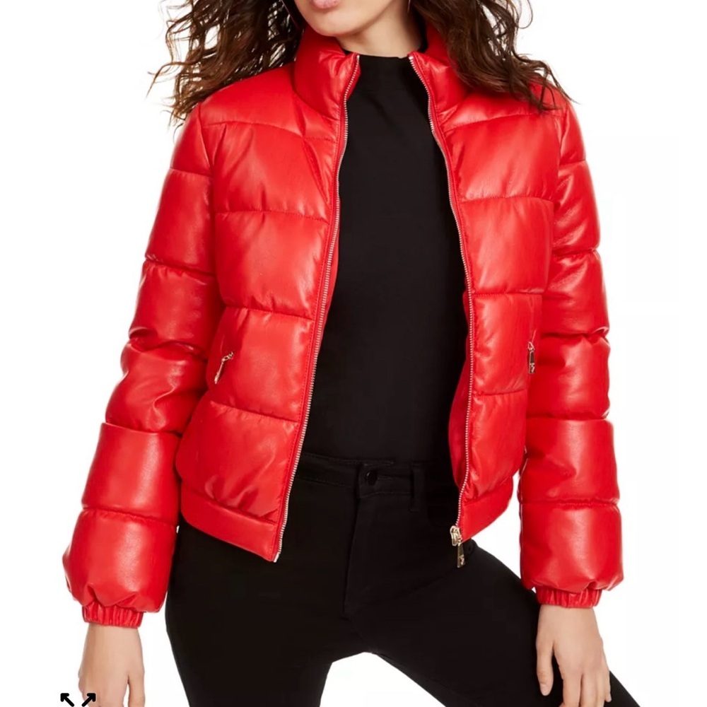 Guess Vibrant Red Puffer Jacket - faux leather